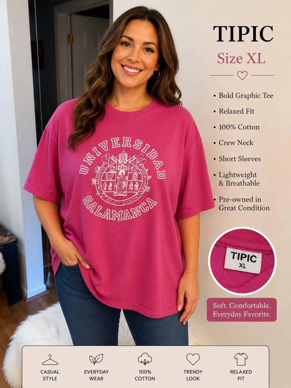 TIPIC Universidad Salamanca Graphic T-Shirt XL Pink 100% Cotton Crew Neck Travel